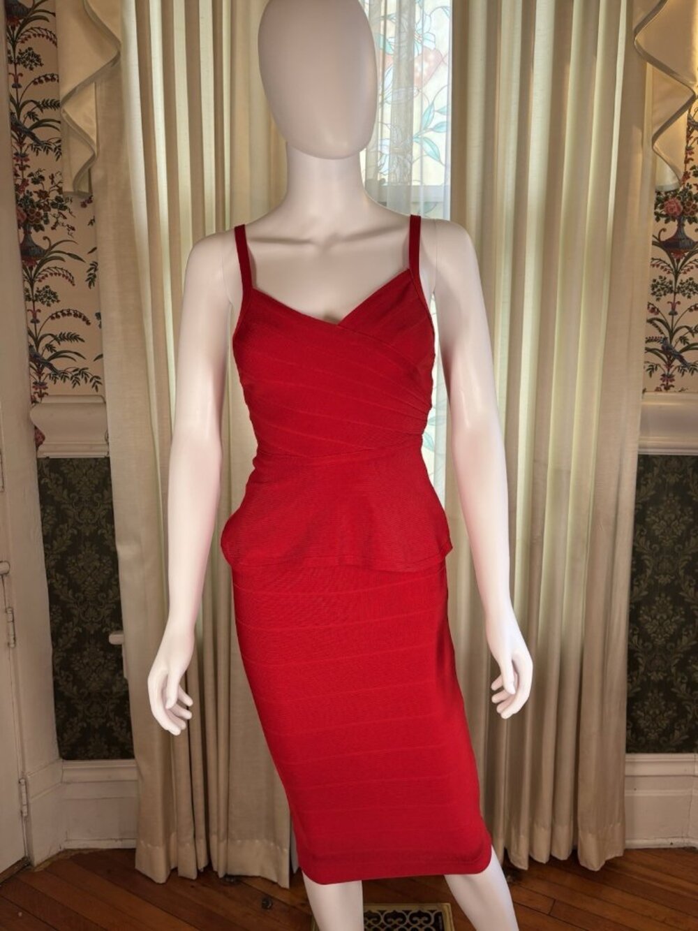 Red Bandage Peplum Top Pencil Skirt 2 Piece Matching Set Size S Bodycon Y2K